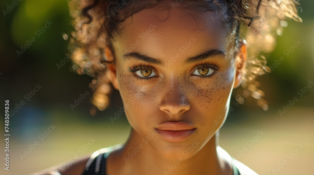 Poster female track and field athlete in dynamic pose generative ai