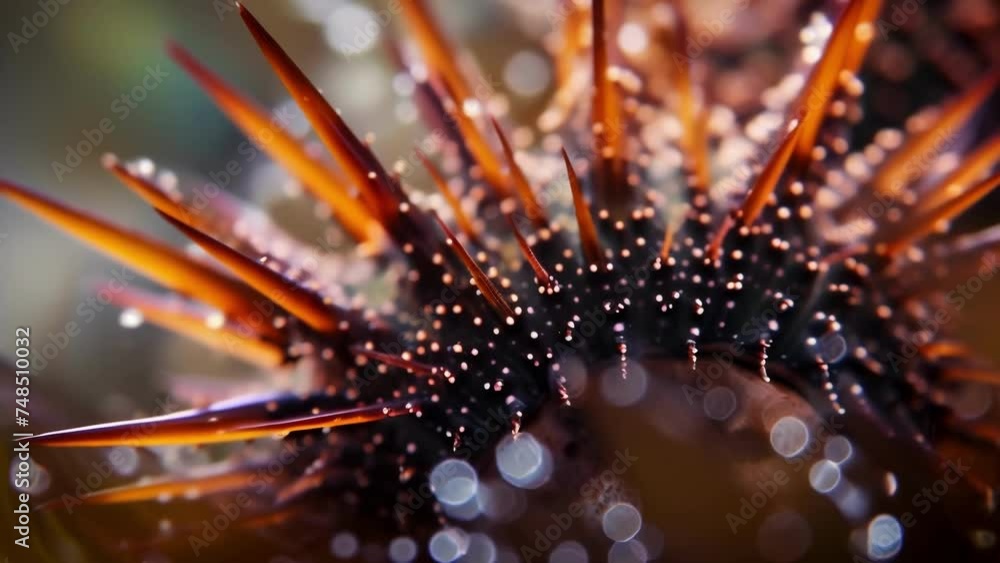 Poster closeup of a spiny sea urchin nestled a s of seaweed its intricate pattern of spines visible in shar
