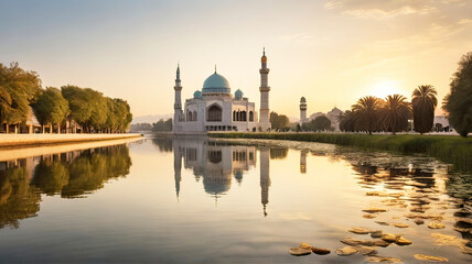 Fototapeta premium mosque with a beautiful background, Mosque in Ramadan Kareem, Muslim Prayer mosque