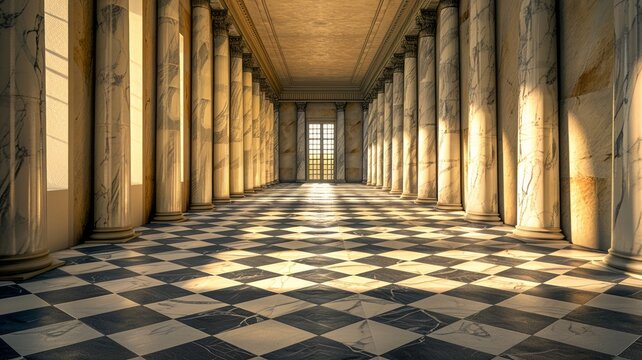Elegant corridor lined with classical columns, shadows play on the checkered floor