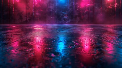 Empty dance floor glows under crimson and azure lights, promising evening revelries