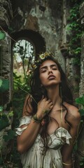 Beautiful Latina Woman Background in the Style with Nature Reclaiming the Ruins of Civilization around Her with Vines and Wildflowers created with Generative AI Technology