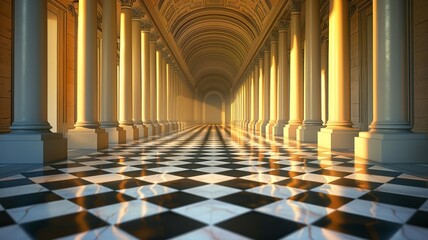 Elegant corridor lined with classical columns, shadows play on the checkered floor
