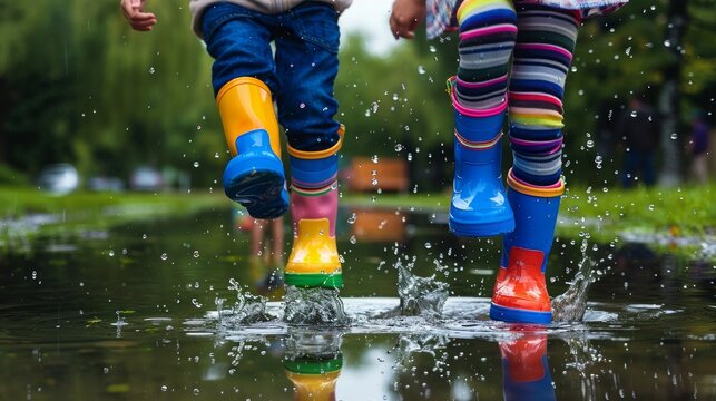 Joyful Kids Splashing in Puddles Generative AI