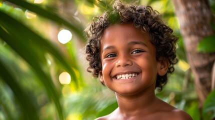 Smiling Boy in Tropical Summer Environment Generative AI - obrazy, fototapety, plakaty