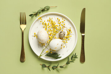 Beautiful table setting with Easter eggs and mimosa flowers on green background