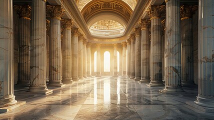 Grand hall whispers tales of yore, marble pillars standing with silent dignity - obrazy, fototapety, plakaty