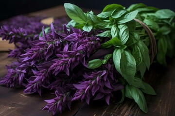 Lush Purple basil herbs plant. Health culinary raw macro plant. Generate Ai