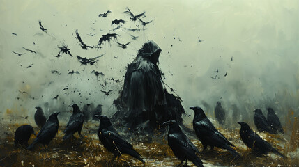 Mysterious hooded figure surrounded by birds - obrazy, fototapety, plakaty
