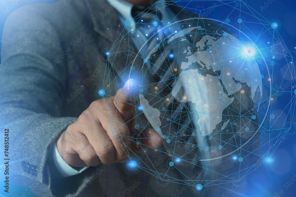 Poster businessman hand touching global digital data network transformation and data exchanges over the wor