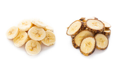 Fresh and few days banana round slices on white background.