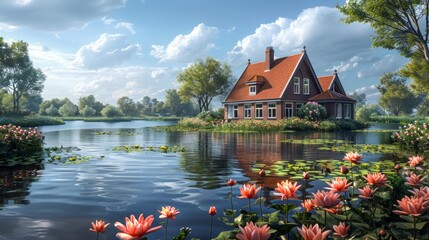 1h Typical dutch garden with house in background. Sunny light. Photorealistic. 