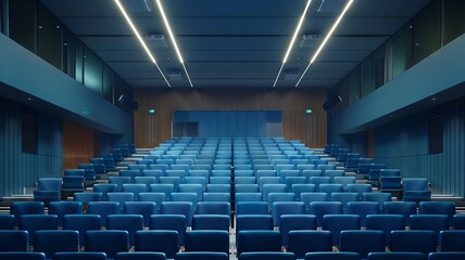 Vast lecture hall stands ready, its blue seats inviting intellectual gatherings