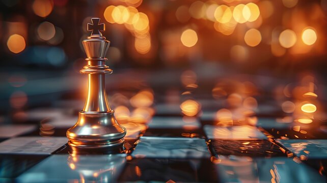 Chess piece atop a board evokes power, overseeing the metallic domain victoriously