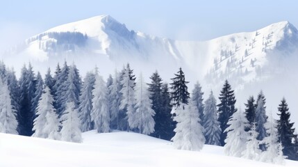 Majestic Winter Landscape with Snowy Pines and Mountain Peaks