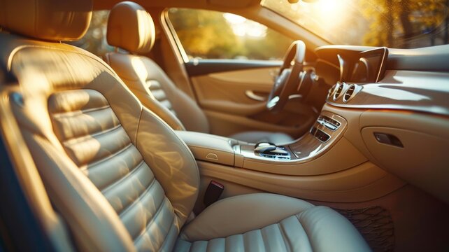 Beige leather seats invite passengers into the clean interior of a luxury car