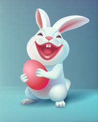 Happy Easter Day design with white realistic cheerful laughing rabbit and Easter egg on the blue background