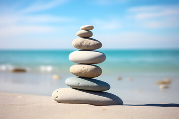 Rock balancing at beach. Stones piled in balanced stacks in front of blurry beach background with copy space
