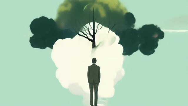 A person standing with their arms rigidly at their sides looking up at a towering tree Psychology art concept. .