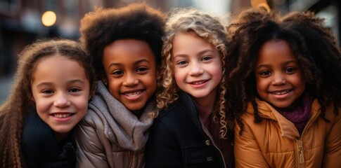 Children of different races hugging each other and smiling - obrazy, fototapety, plakaty