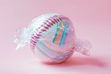 red baseball wrapped in a colorful candy wrapper sits on a bright pink background