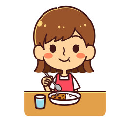 カレーを食べる女の子　イラスト素材
