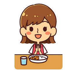 いただきますをする女の子　カレー　イラスト素材