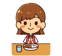 いただきますをする女の子　カレー　イラスト素材