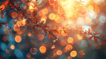Illustrate the abstract beauty of bokeh in a forest setting, where light and shadow play - obrazy, fototapety, plakaty
