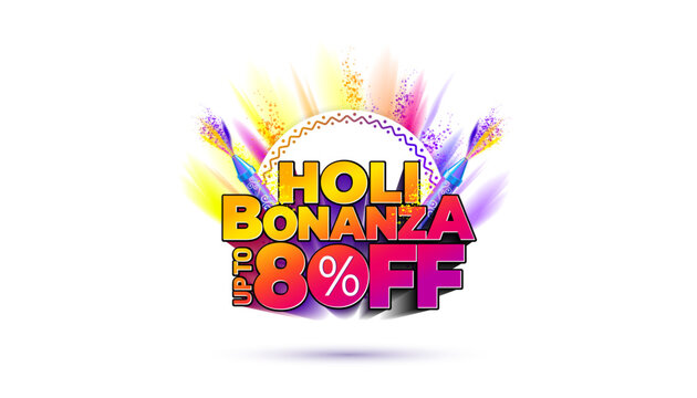 Holi Festive background with Holi bonanza 80% off 3d Text. Holi sale offer deal discount logo concept.