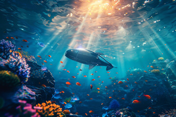 Robotic observation marine life in the ocean background, Underwater with colorful sea life fishes and plant at seabed, robotic sea fish.