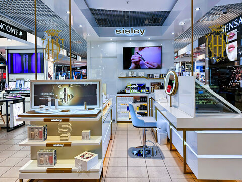 LATVIA, RIGA, FEBRUARY, 28, 2024: Beautiful modern perfume and cosmetic boutique interior with make-up table in Stockmann shopping mall, Riga. Latvia