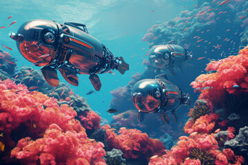 Fototapeta na wymiar Robotic observation marine life in the ocean background, Underwater with colorful sea life fishes and plant at seabed, robotic sea fish.