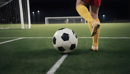 Close up of a soccer striker ready to kicks the ball in the football goal Soccer scene at night match with player kicking the ball with power