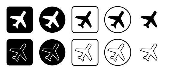 Icon set of plane symbol. Filled, outline, black and white icons set, flat style.  Vector illustration on white background