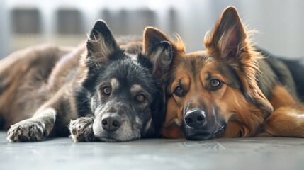 close up, dogs together lying on the floor