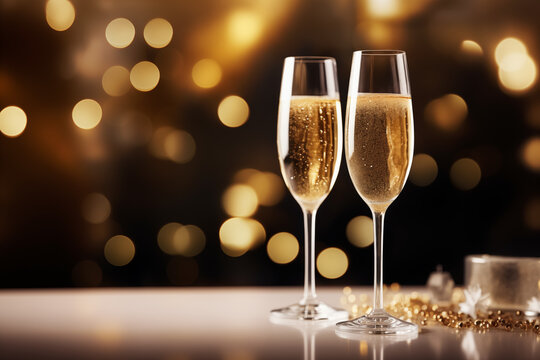 2 flutes de champagne remplies de champagne sur une table de fête avec des paillettes. Fond festif et scintillant avec espace négatif copy space