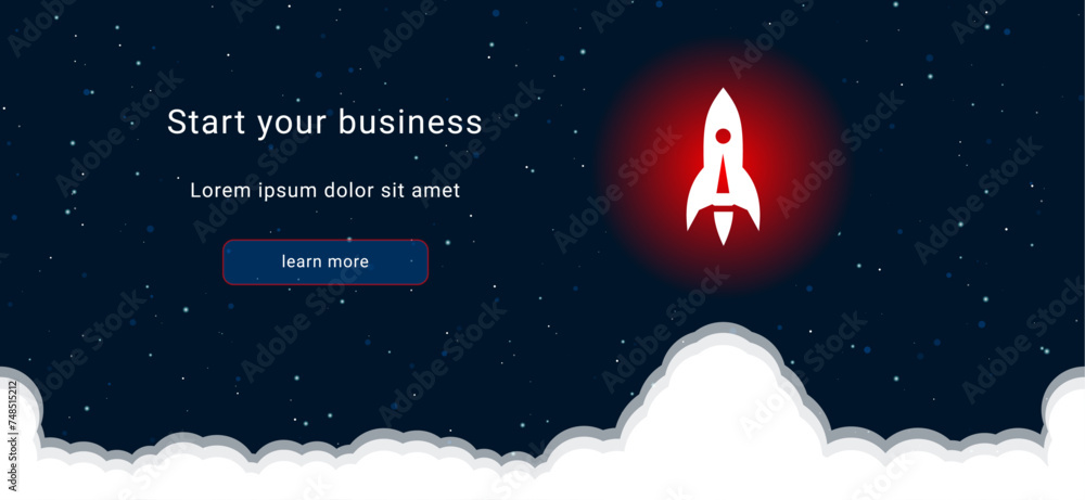 Poster business startup concept landing page screen. the rocket on the right is highlighted in bright red. 