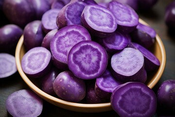 Obraz na płótnie Canvas Nutritious Purple sweet potatoes. Fresh root agriculture raw vegetable. Generate Ai