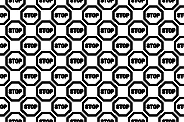 Seamless pattern completely filled with outlines of stop road signs. Elements are evenly spaced. Vector illustration on white background