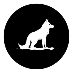 A wild wolf symbol in the center. Isolated white symbol in black circle. Vector illustration on white background