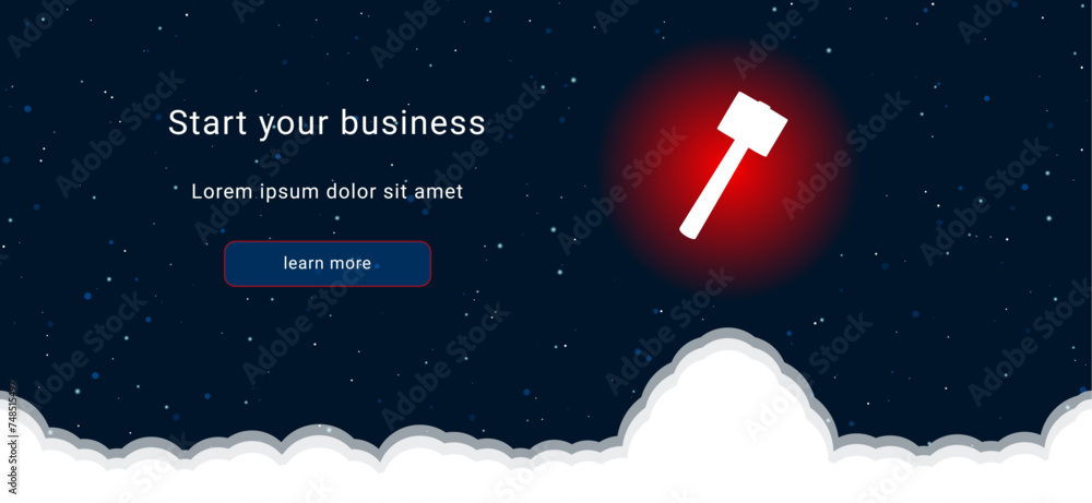 Poster business startup concept landing page screen. the mallet symbol on the right is highlighted in brigh
