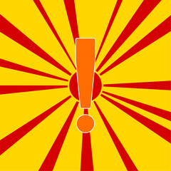 Exclamation symbol on a background of red flash explosion radial lines. The large orange symbol is located in the center of the sun, symbolizing the sunrise. Vector illustration on yellow background