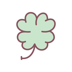 Cute clover icon. Hand drawn illustration of a four-leaf clover isolated on a white background. Kawaii sticker. Vector 10 EPS.