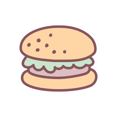 Cute burger icon. Hand drawn illustration of a hamburger isolated on a white background. Kawaii sticker. Vector 10 EPS.