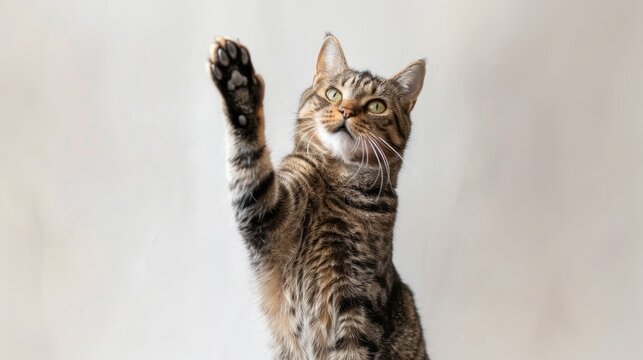 Studio portrait of tabby cat standing on back two legs with paws up against a white backdrop