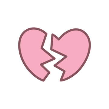 Cute broken heart icon. Hand drawn illustration of a pink cracked heart isolated on a white background. Kawaii sticker. Vector 10 EPS.