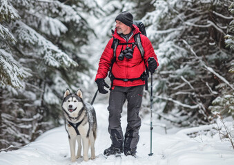 Man and Dog on Snowy Trail