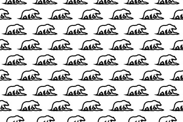 Seamless pattern completely filled with outlines of wild bear symbols. Elements are evenly spaced. Vector illustration on white background