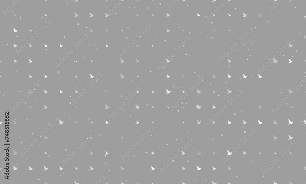 Poster seamless background pattern of evenly spaced white bird symbols of different sizes and opacity. vect